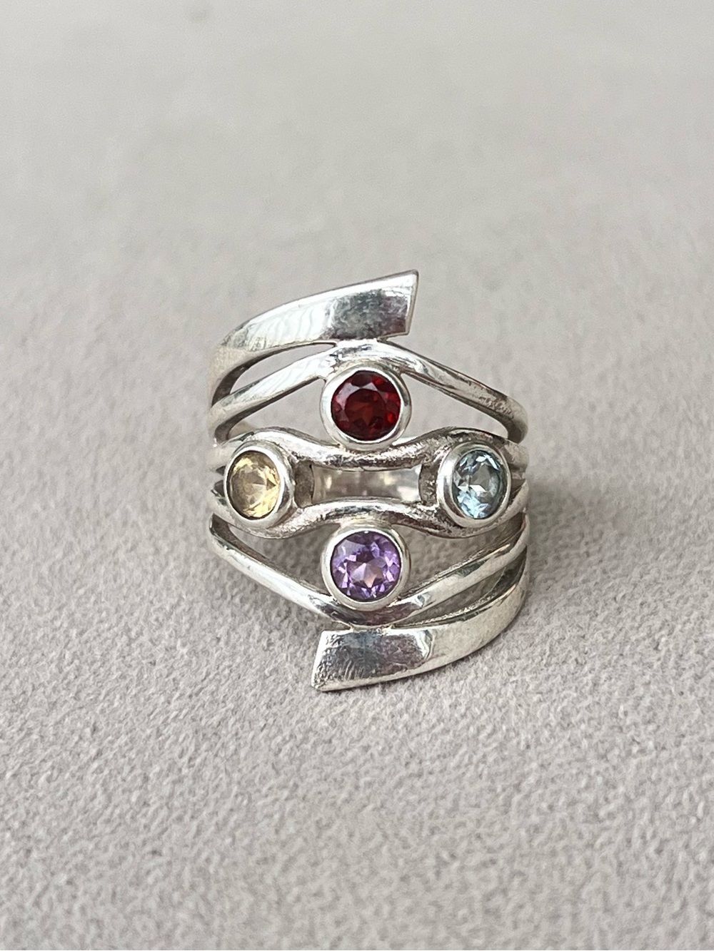 Artisan Sterling Silver Garnet Citrine Blue Topaz Amethyst Statement Ring